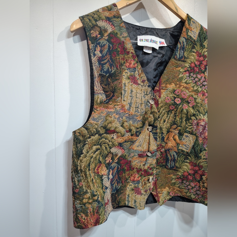 Vintage On The Verge Tapestry Vest Large Made in USA Cottagecore Art Garden - Picture 2 of 7